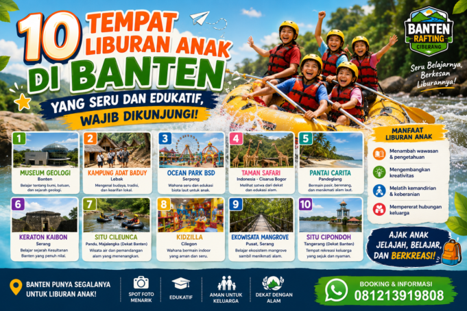 Sedang mencari tempat liburan anak di Banten? Simak rekomendasi 10 destinasi terbaik, mulai dari pantai, wisata alam, hingga serunya rafting di Banten Rafting Ciberang yang cocok untuk keluarga. Gambar dibuat oleh ChatGPT