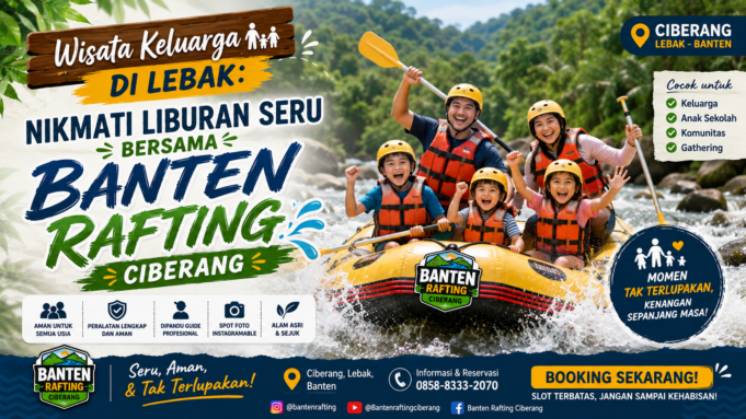 Sedang mencari wisata keluarga di Lebak? Nikmati pengalaman rafting di Sungai Ciberang bersama Banten Rafting. Aman untuk pemula, cocok untuk keluarga, komunitas, dan rombongan sekolah. Gambar dibuat oleh ChatGPT.