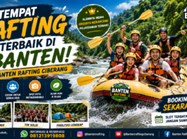 Cari tempat rafting terbaik di Banten? Banten Rafting Ciberang menawarkan pengalaman arung jeram yang aman, seru, dan cocok untuk keluarga, komunitas, sekolah, hingga perusahaan. Gambar dibuat oleh ChatGPT.