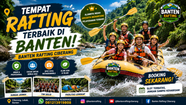 Cari tempat rafting terbaik di Banten? Banten Rafting Ciberang menawarkan pengalaman arung jeram yang aman, seru, dan cocok untuk keluarga, komunitas, sekolah, hingga perusahaan. Gambar dibuat oleh ChatGPT.