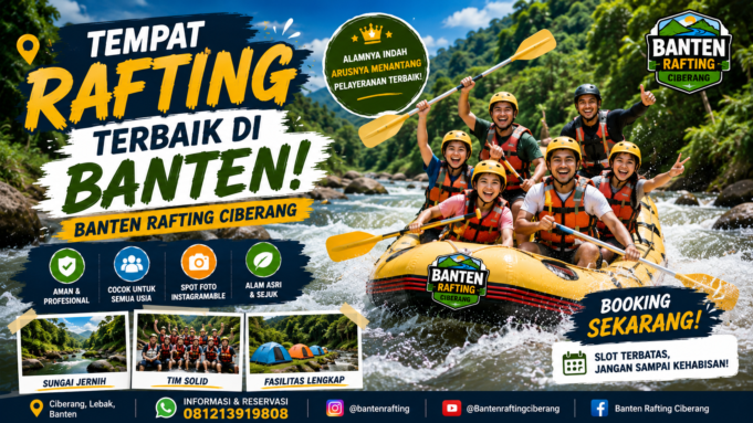 Cari tempat rafting terbaik di Banten? Banten Rafting Ciberang menawarkan pengalaman arung jeram yang aman, seru, dan cocok untuk keluarga, komunitas, sekolah, hingga perusahaan. Gambar dibuat oleh ChatGPT.