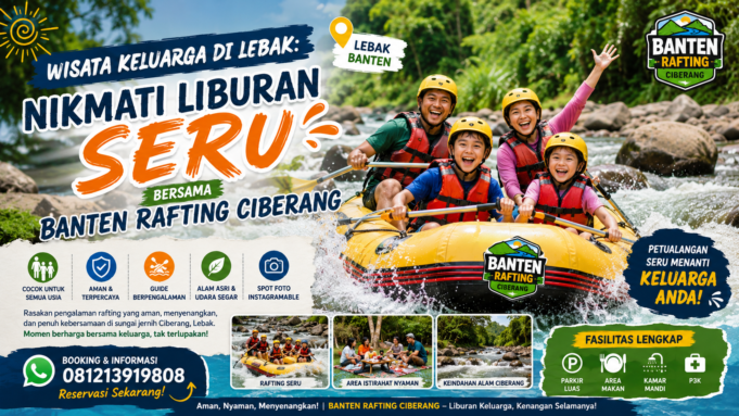 Sedang mencari destinasi liburan sekolah dekat Jakarta? Nikmati serunya rafting di Sungai Ciberang bersama Banten Rafting. Cocok untuk keluarga, sekolah, komunitas, dan perusahaan. Gambar dibuat ChatGPT.